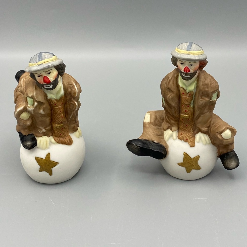 Emmett Kelly Clown Figurines Small 3 Inch Set 2 Porcelain Star Ball Light Wear